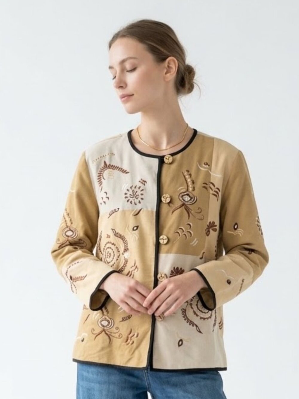 Indigo Moon Jacket Tan Embroidered Patchwork Boho Festival 1X